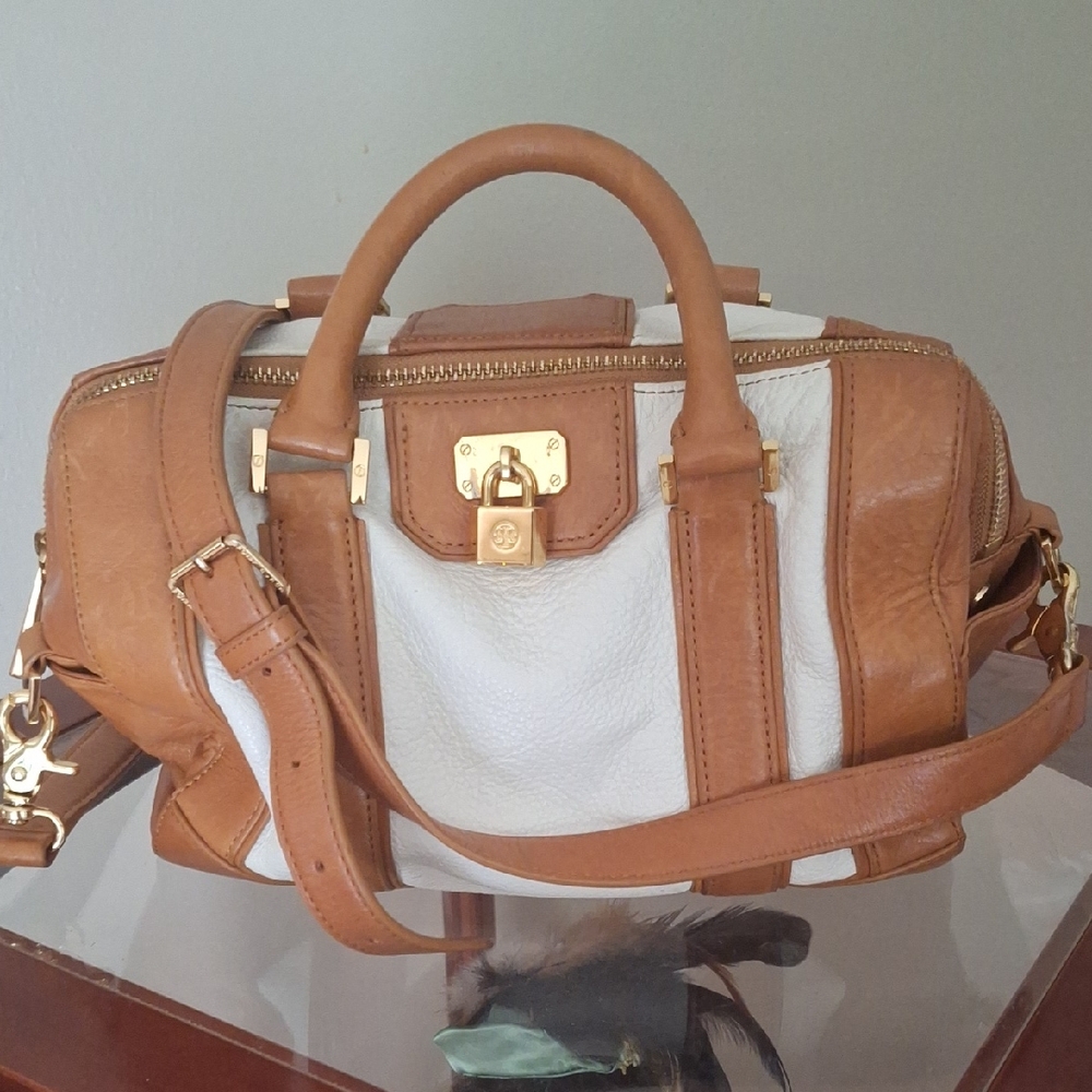 Tory Burch Tan and White Leather Satchel Bag with Gold Hardware